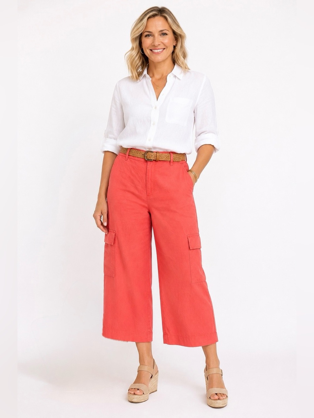 CHICO’S 100% Linen Wide Leg Cargo Pants Coral NWT